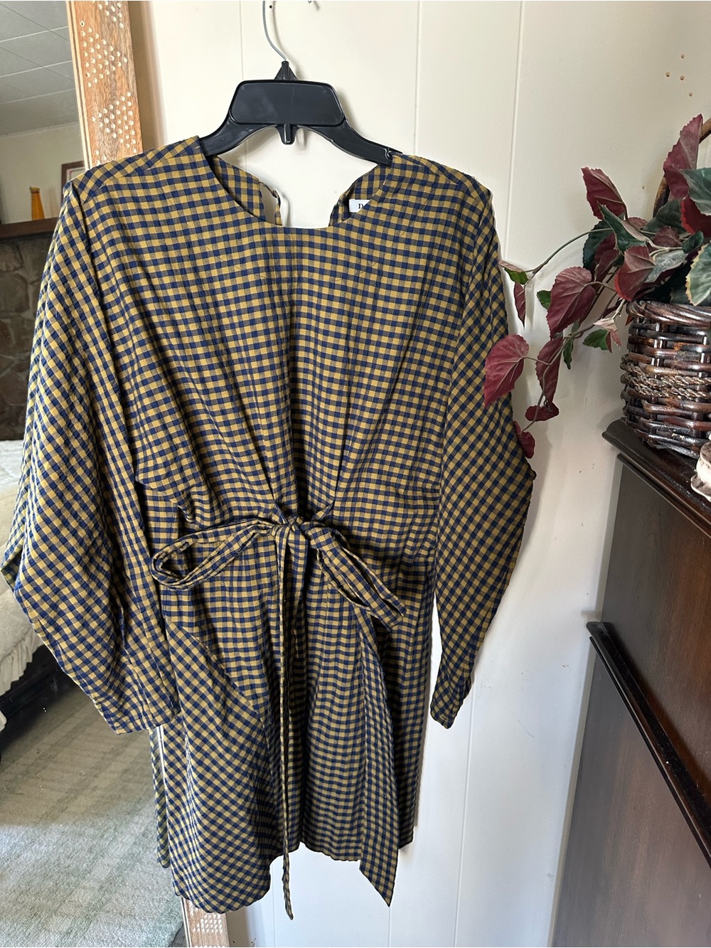 Darling ~Checked Tie-Waist Tunic Dress in Mustard and Navy